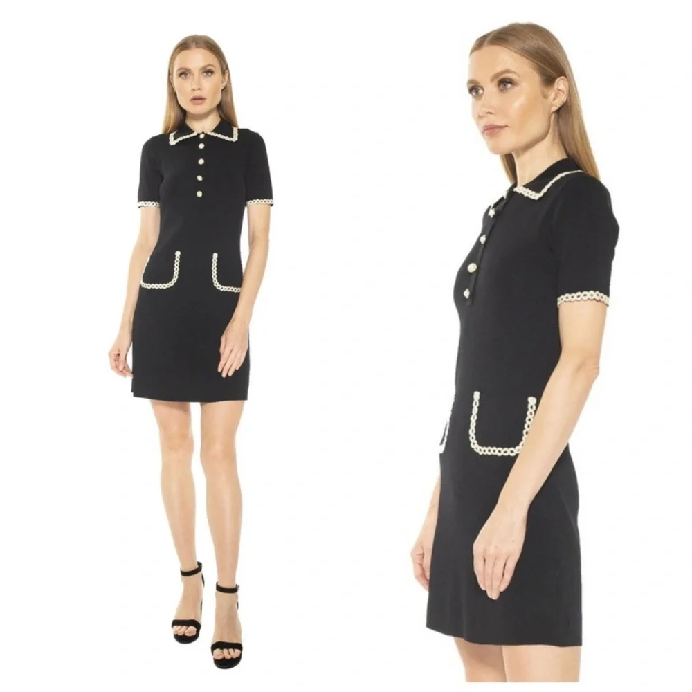 ALEXIA ADMOR Navy Knit Piper Dress w/ Pearl Buttons Embroidered Collar & Pockets - Picture 4 of 13